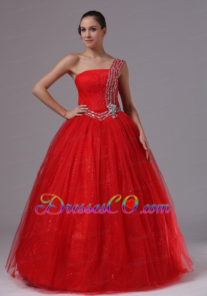 Spring Paillette Red Military Ball Gowns With Beaded Decorate One Shoulder