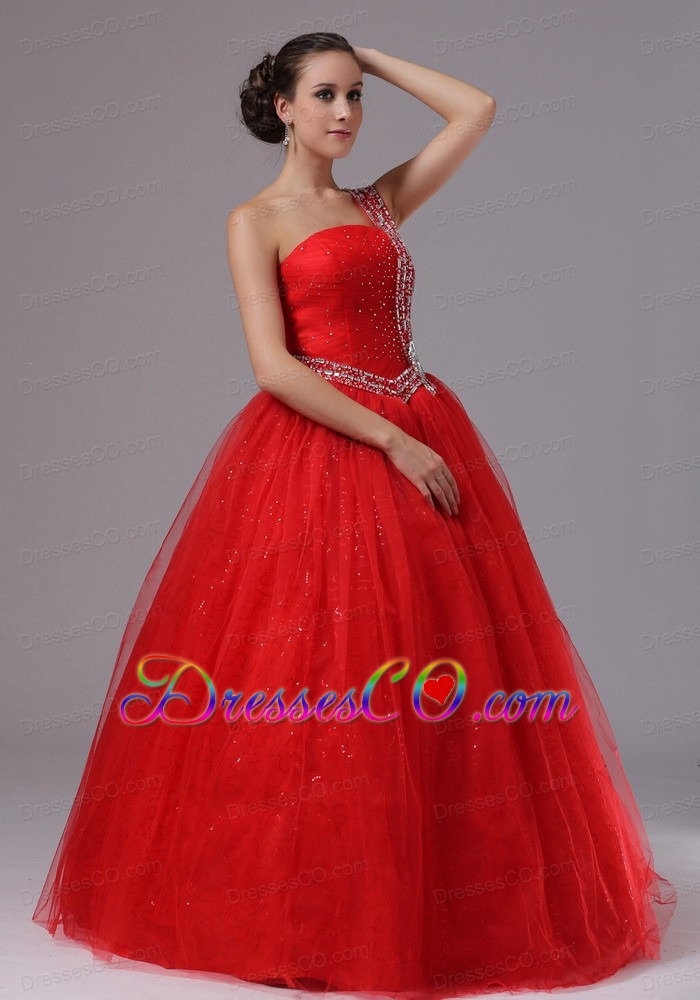 Spring Paillette Red Military Ball Gowns With Beaded Decorate One Shoulder