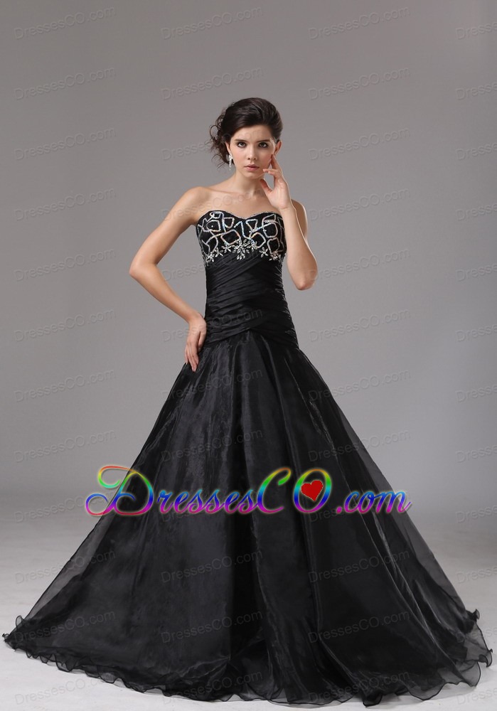 Black Organza Prom Dress With Court Train Beaded Decorate