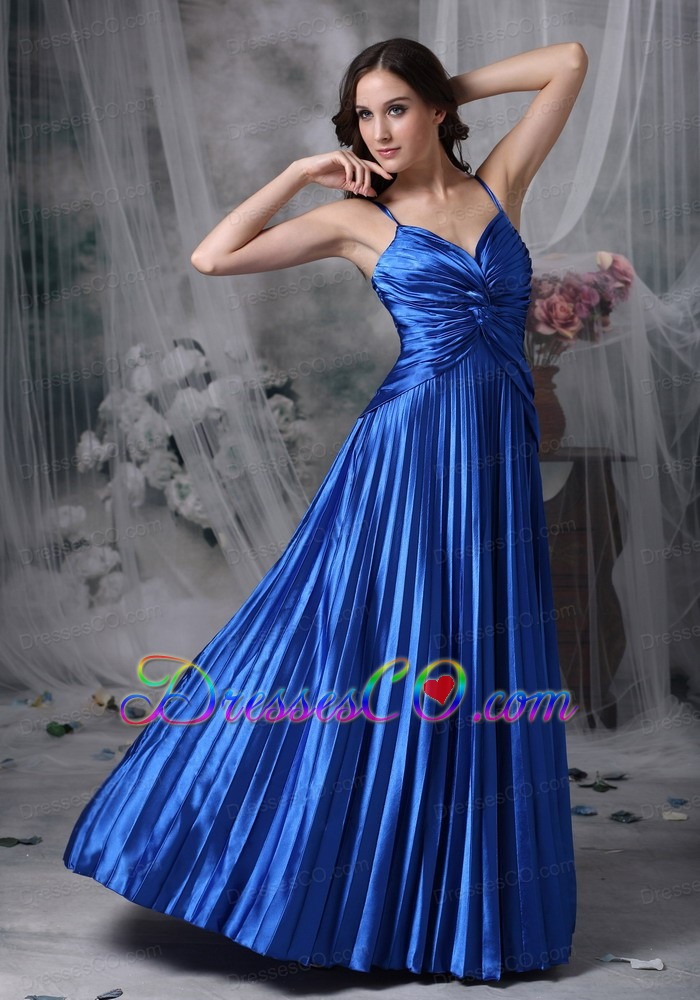 Custom Made Royal Blue A-line Straps Evening Dress Elastic Woven Satin Ruching Long