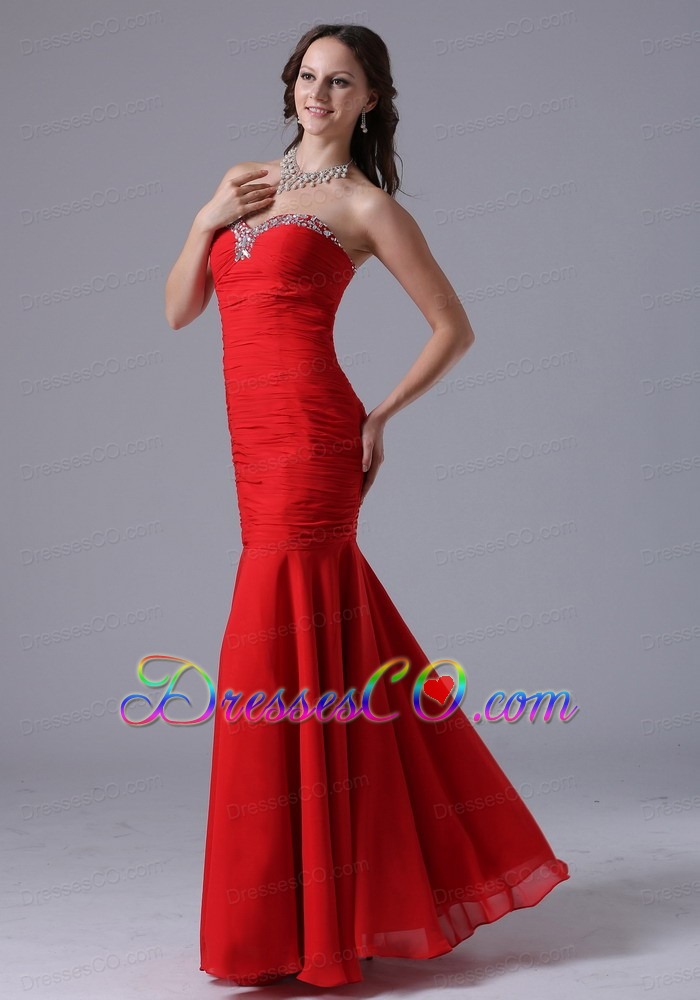 Wine Red Mermaid Evening Dress With Beading and Ruched