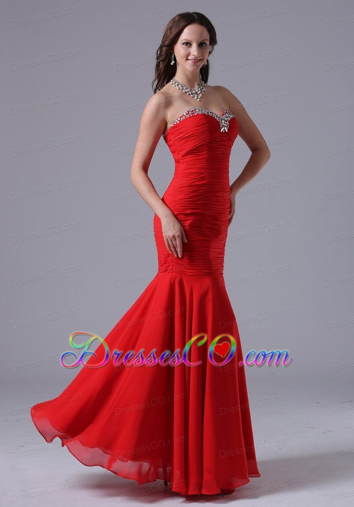 Wine Red Mermaid Evening Dress With Beading and Ruched