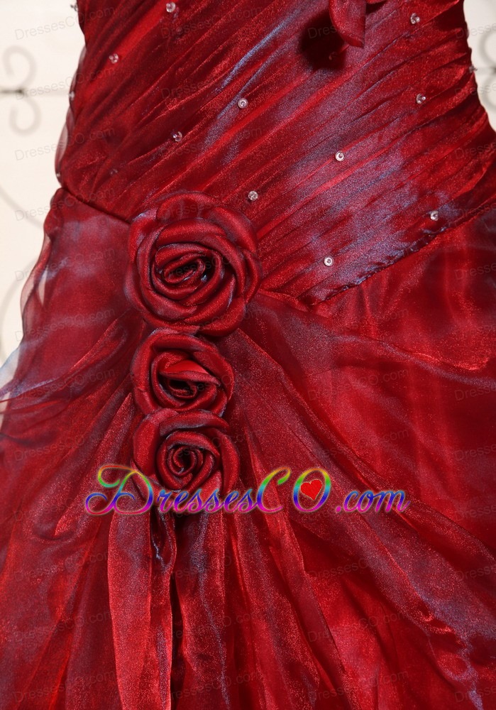 Wine Red One Shoulder Prom Dress For A-line Gown Hand Made Flowers