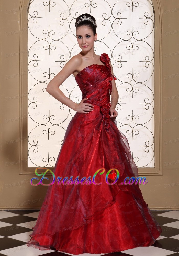Wine Red One Shoulder Prom Dress For A-line Gown Hand Made Flowers
