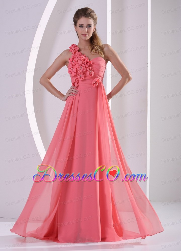 Customize Hand Made Flowers One Shoulder Watermelon Prom Evening Dress With Brush Train