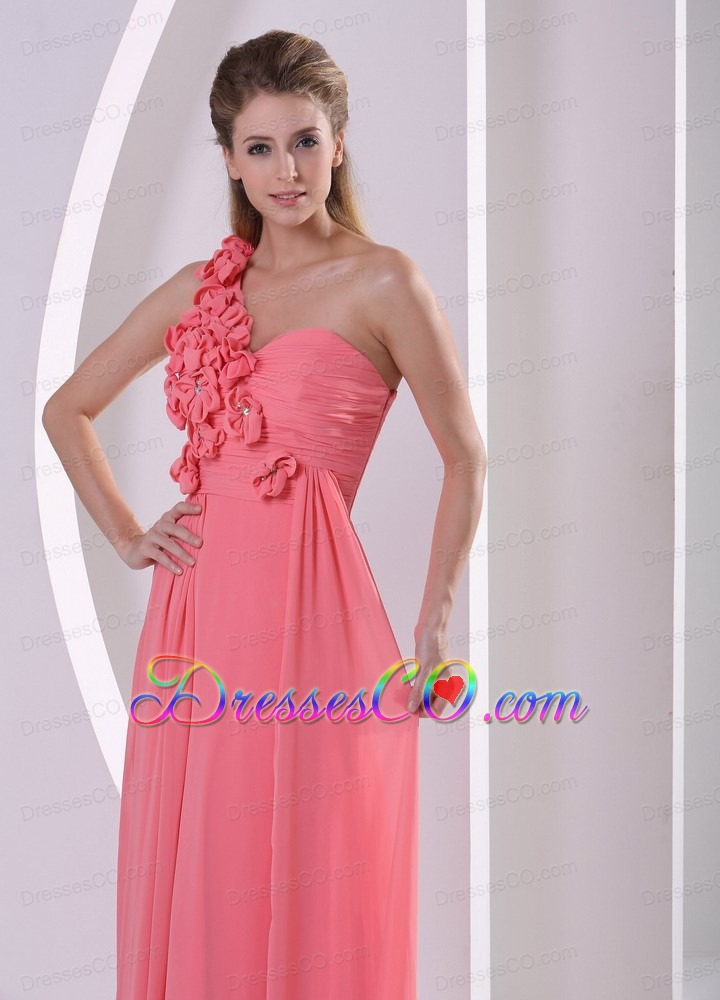 Customize Hand Made Flowers One Shoulder Watermelon Prom Evening Dress With Brush Train