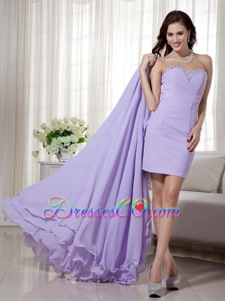 Lilac Detachable High Low Chiffon Prom Dress Brush Train Beading