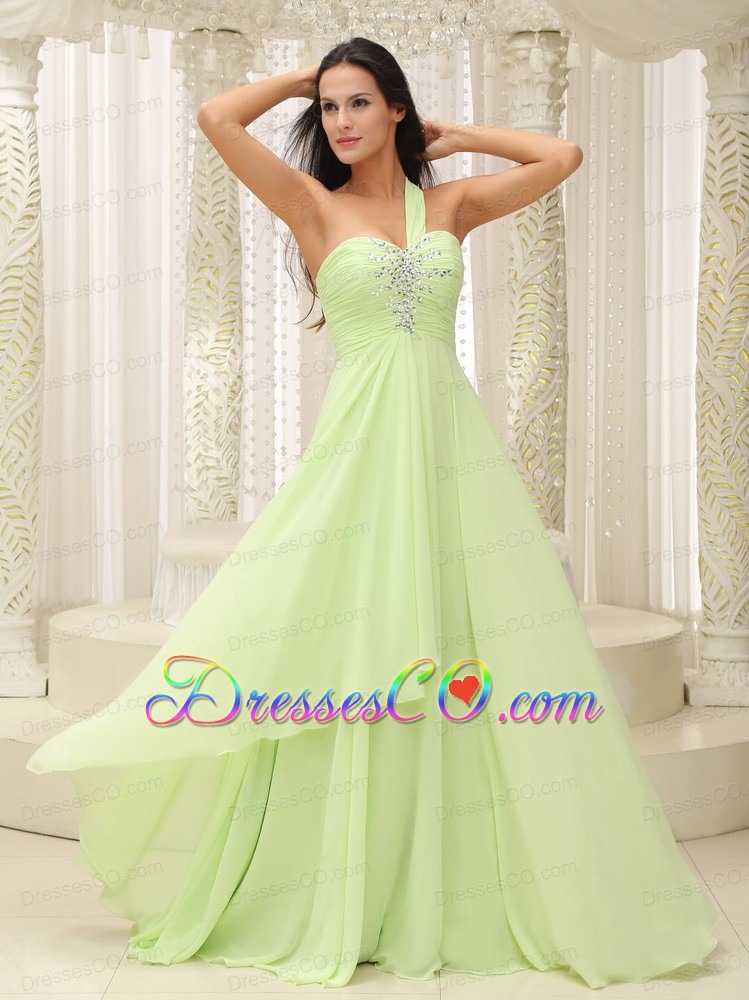 Yellow Green One Shoulder and Ruched Bodice Beaded Decorate Bust For Prom Dress
