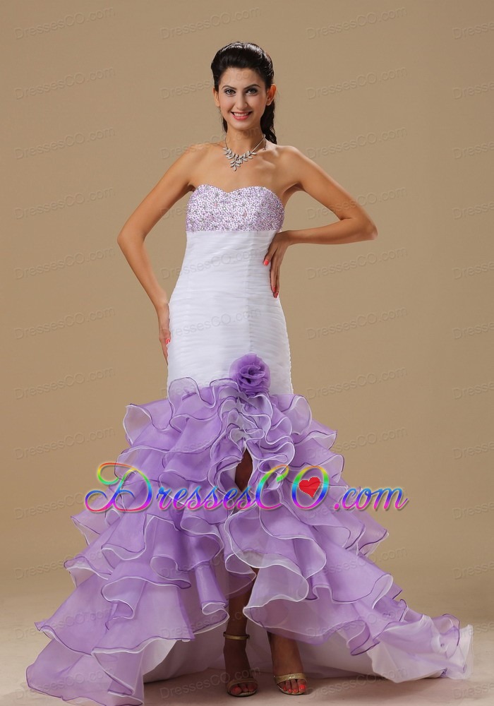 Mermaid Beaded Decorate Bust Hand Made Flower and Ruffles Ruch White and Purple Organza Prom / Evening Dress