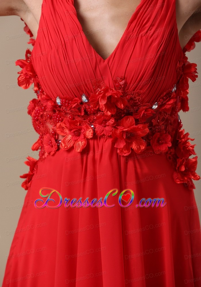 Hand Made Flowers With Beading Decorate Waist Ruching V-neck Red For Prom / Evening Dress