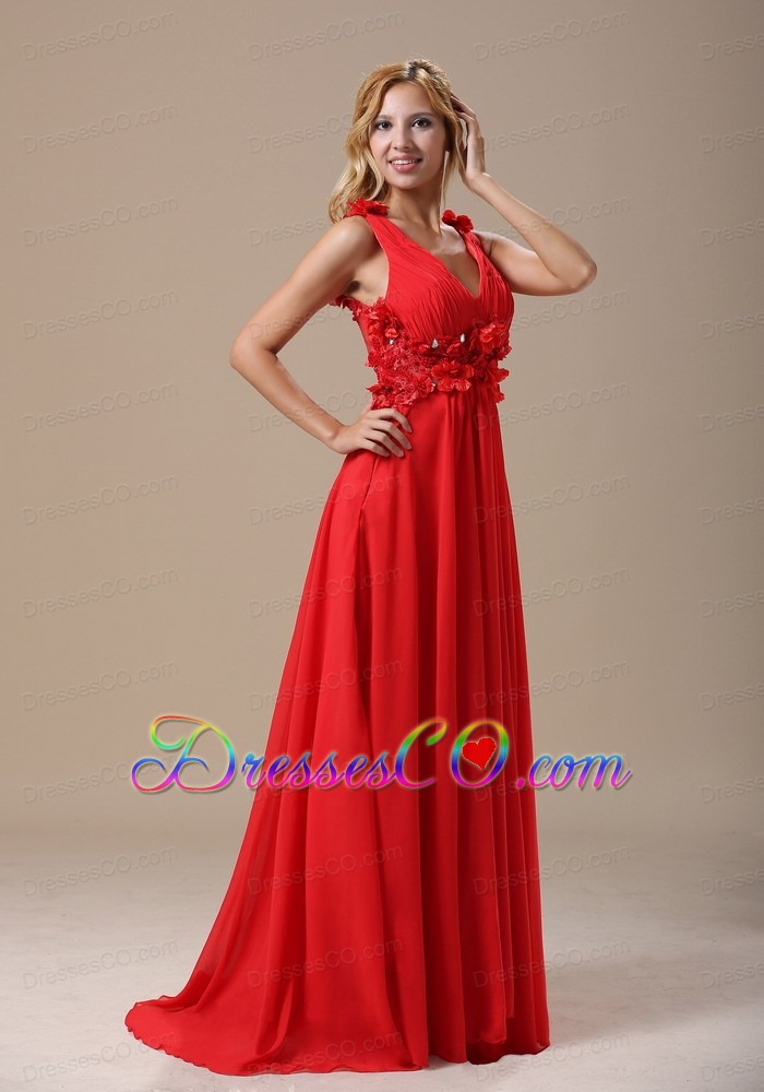 Hand Made Flowers With Beading Decorate Waist Ruching V-neck Red For Prom / Evening Dress