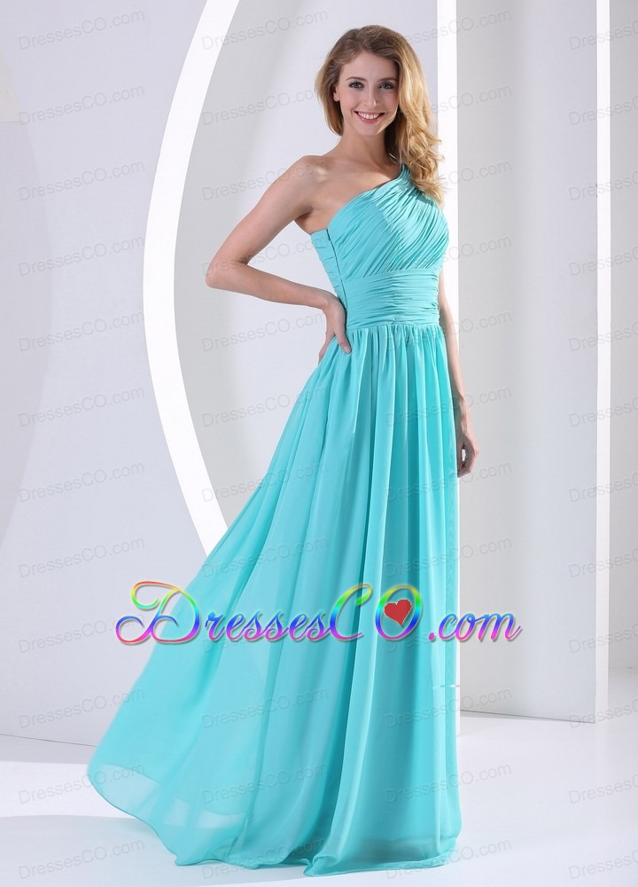 One Shoulder Ruched Bodice Aqua Blue Prom Dress For Wedding Party