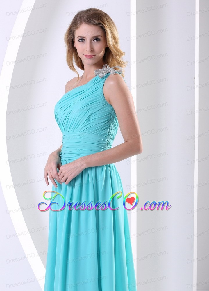 One Shoulder Ruched Bodice Aqua Blue Prom Dress For Wedding Party