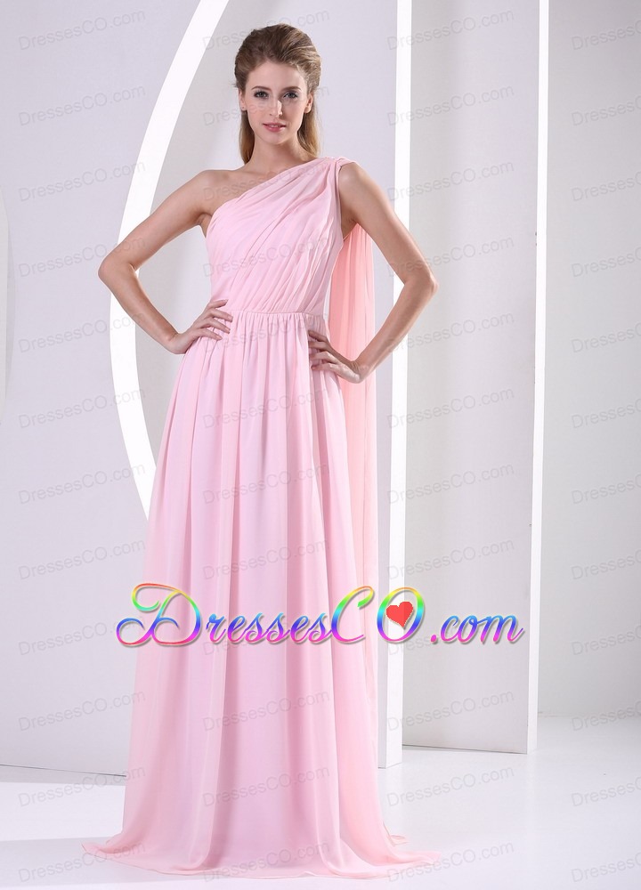 Discount One Shoulder Watteau Train Ruched Bodice Bridesmaid Dress Baby Pink Chiffon