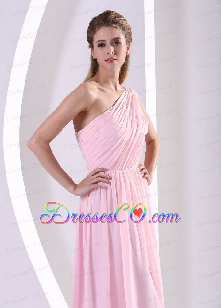 Discount One Shoulder Watteau Train Ruched Bodice Bridesmaid Dress Baby Pink Chiffon