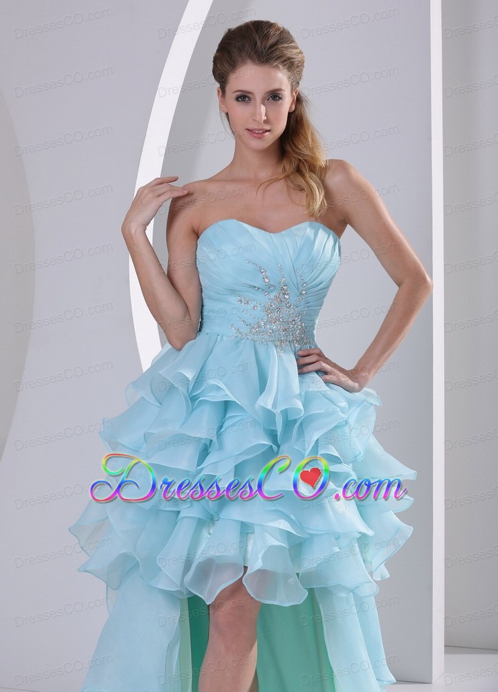 Light Blue Organza High-low Prom / Homecoming Dress With Beading Ruching and Ruffles Brush Train