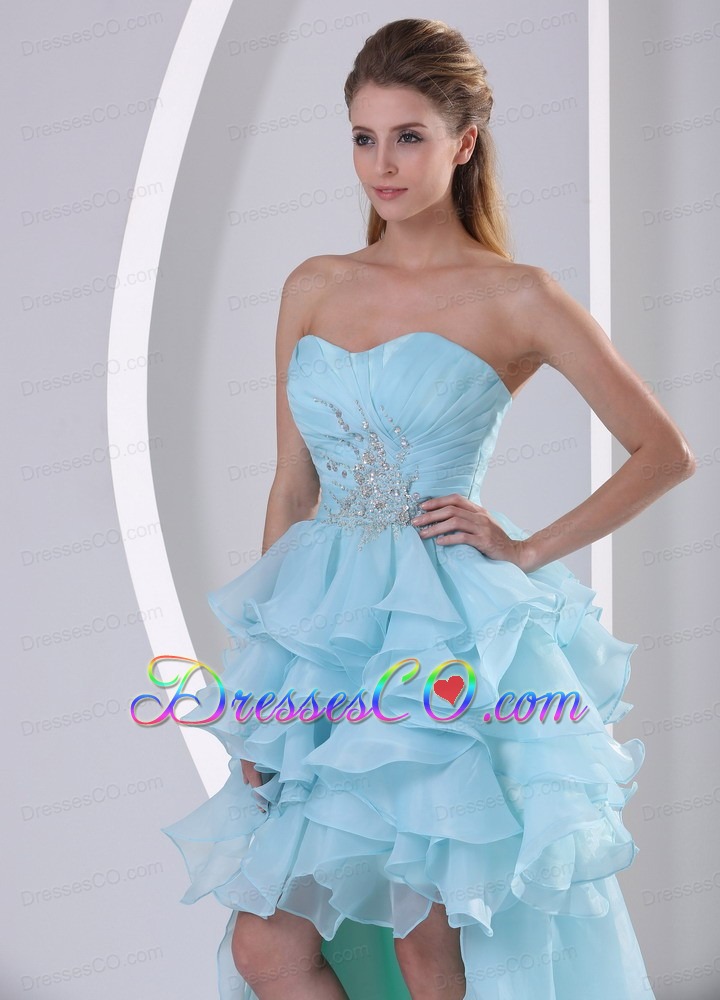 Light Blue Organza High-low Prom / Homecoming Dress With Beading Ruching and Ruffles Brush Train