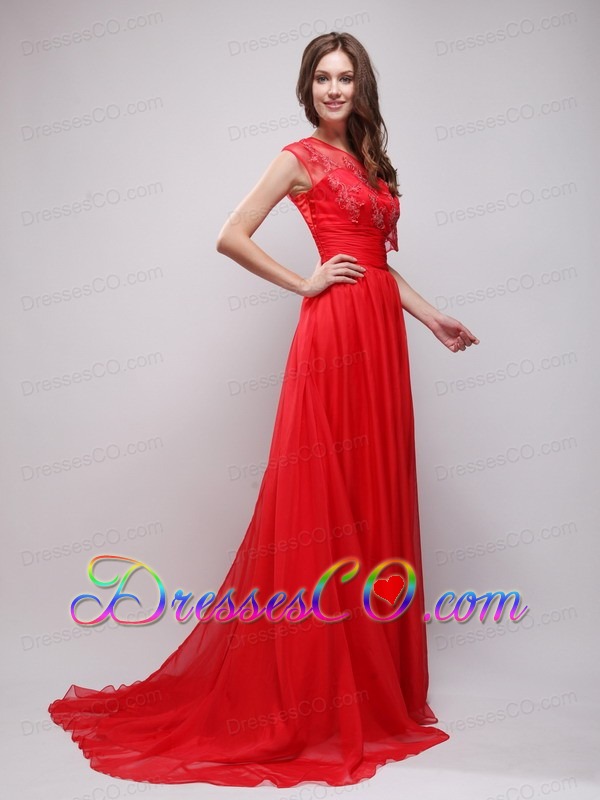 Bright Red Empire Asymmetrical Chiffon Prom / Evening Dress with Appliques
