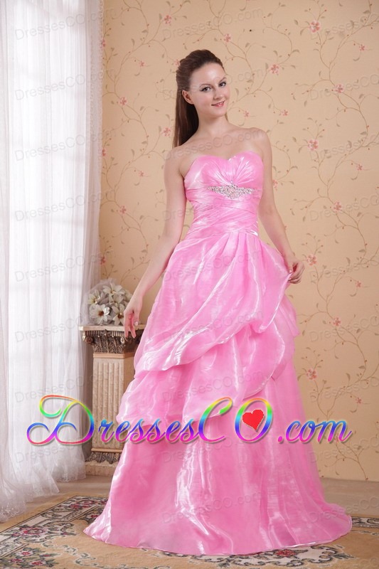 Rose Pink A-line / Princess Brush Train Organza Beading and Ruching Prom / Celebrity Dress
