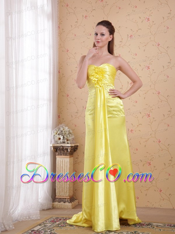 Light Yellow Column/Sheath Watteau Train Elastic Woven Satin Beading Prom Dress