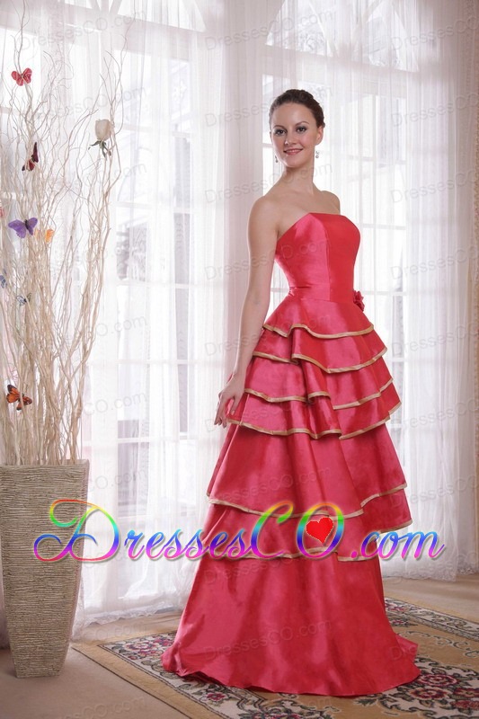 Coral Red A-line / Princess Strapless Long Satin Ruffles Prom Dress