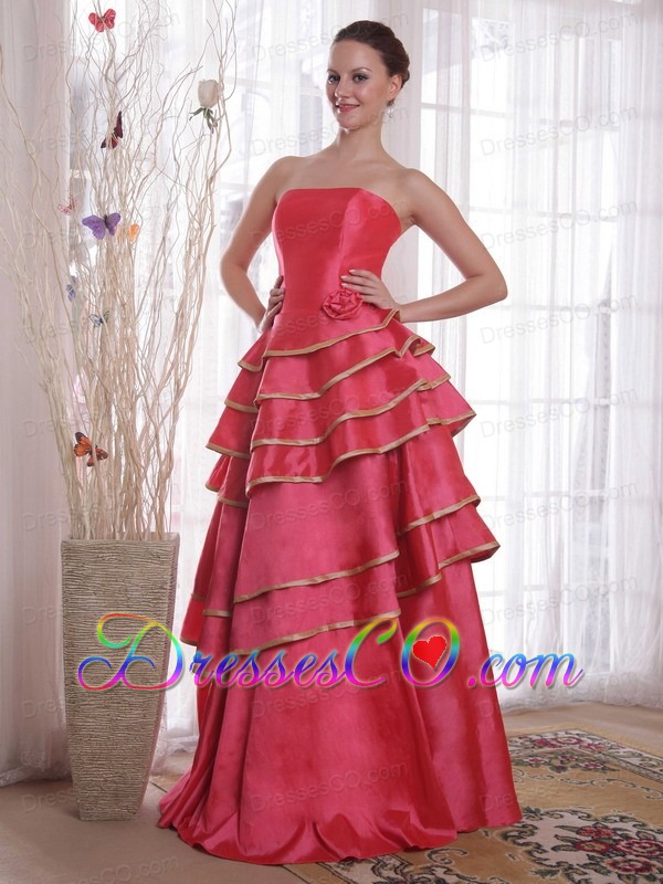 Coral Red A-line / Princess Strapless Long Satin Ruffles Prom Dress