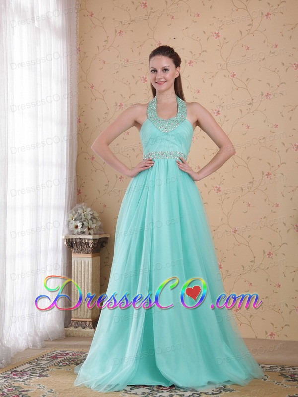 Popular Turquoise Empire Halter Long Tulle Beading Prom Dress
