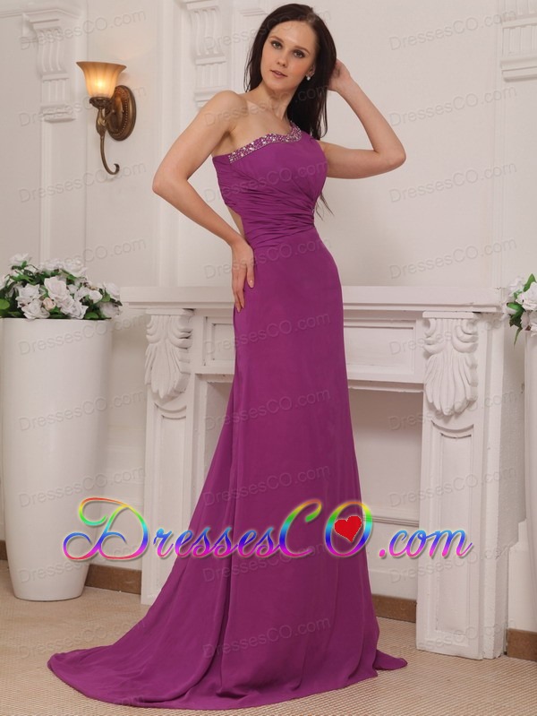 Fuchsia Column One Shoulder Brush Train Chiffon Beading Prom / Pageant Dress