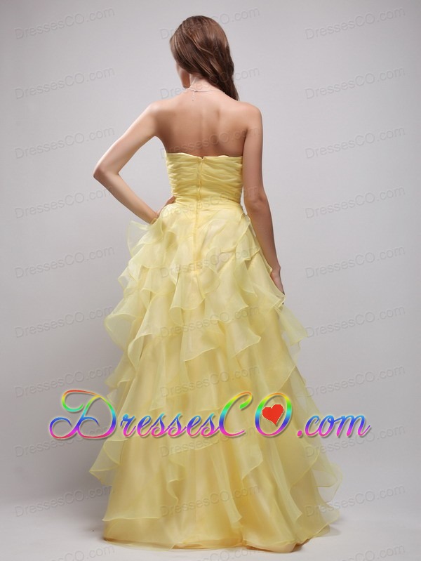 Yellow Empire Floor-lenth Organza Ruffles and Appliques Prom / Evening Dress