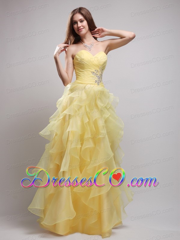 Yellow Empire Floor-lenth Organza Ruffles and Appliques Prom / Evening Dress