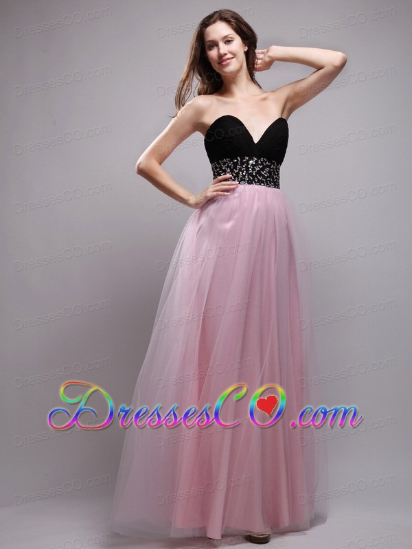 Baby Pink And Black Long Net Beading Prom / Evening Dress