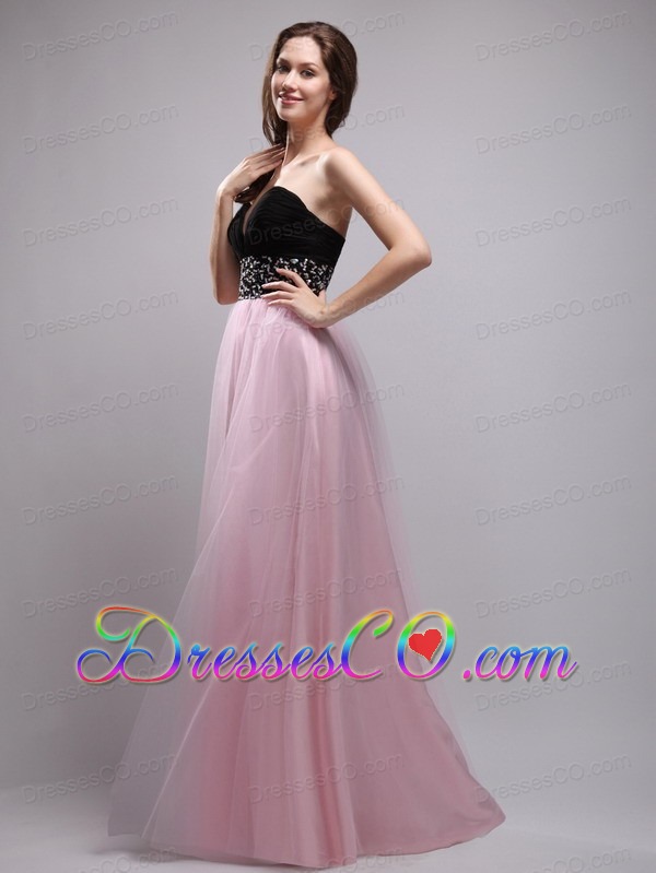 Baby Pink And Black Long Net Beading Prom / Evening Dress