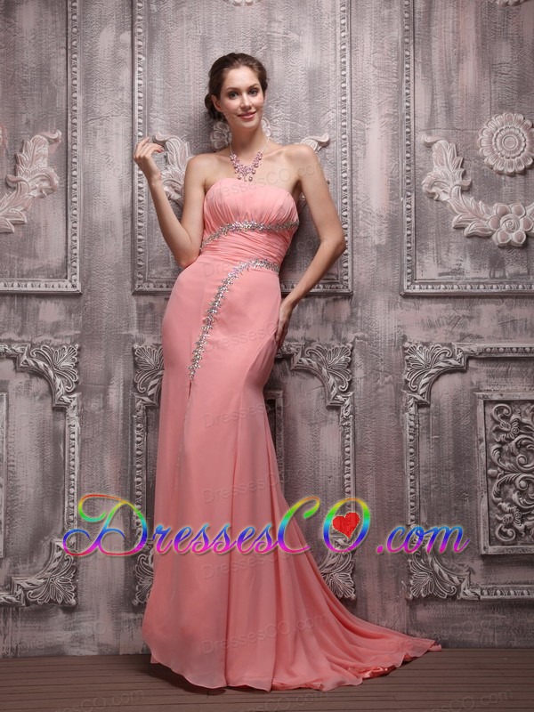 Watermelon Column Strapless Brush Train Chiffon Beading Prom / Evening Dress