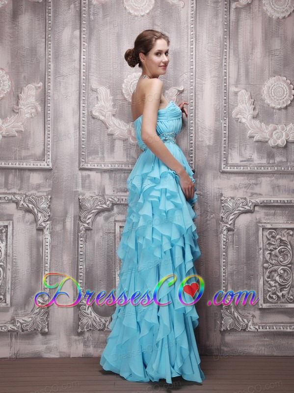 Aqua Blue Empire Strapless Long Chiffon Beading And Ruffles Prom Dress