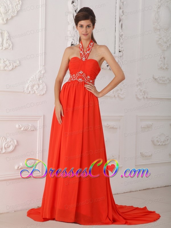 Red Empire Halter Court Train Chiffon Beading Red Prom / Evening Dress