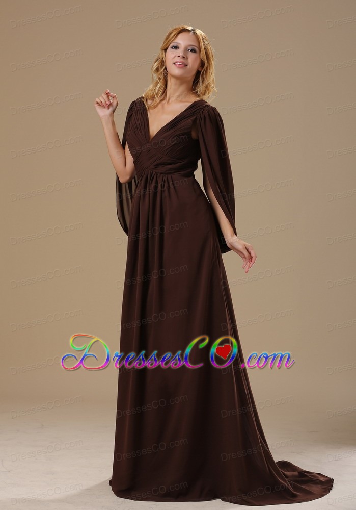 V-neck Brush Train Brown Chiffon Long Sleeves Modest Style Mother Of The Bride Dress