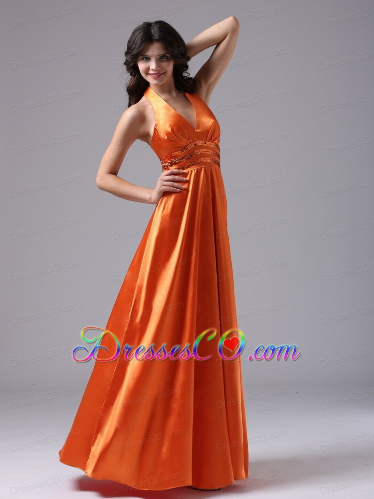 Orange Red Halter Custom Made For Evening Dress With Paillette Decorate Waist