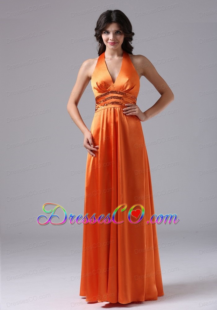 Orange Red Halter Custom Made For Evening Dress With Paillette Decorate Waist