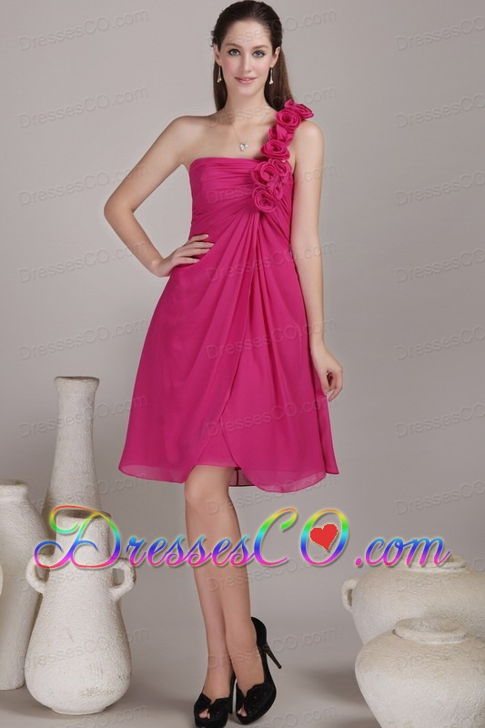 Hot Pink Empire One Shoulder Knee-length Chiffon Hand Flowers Prom Dress