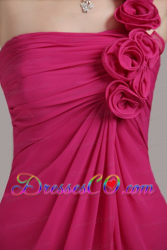 Hot Pink Empire One Shoulder Knee-length Chiffon Hand Flowers Prom Dress