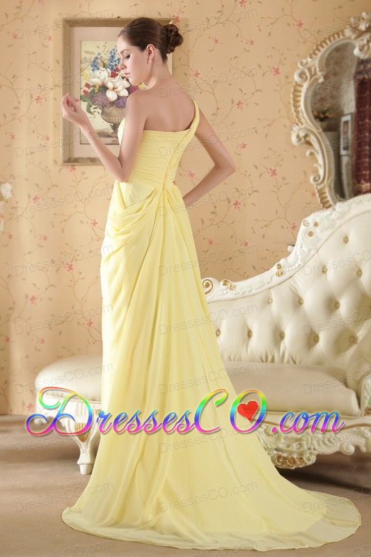 Yellow Column / Sheath One Shoulder Brush Train Chiffon Beading and Ruching Prom / Evening Dress