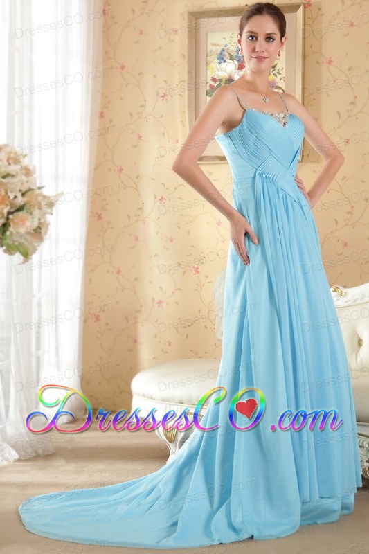 Aqua Blue Column / Sheath Spaghetti Straps Brush Train Chiffon Beading Prom / Evening Dress