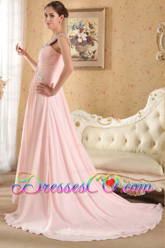 Baby Pink Column / Sheath Straps Court Train Chiffon Beading and Ruching Prom / Evening Dress