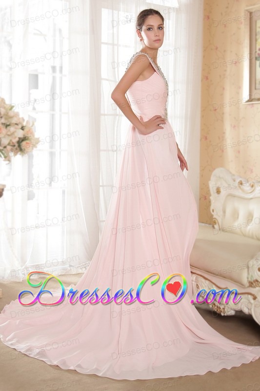 Baby Pink Column / Sheath Straps Court Train Chiffon Beading and Ruching Prom / Evening Dress