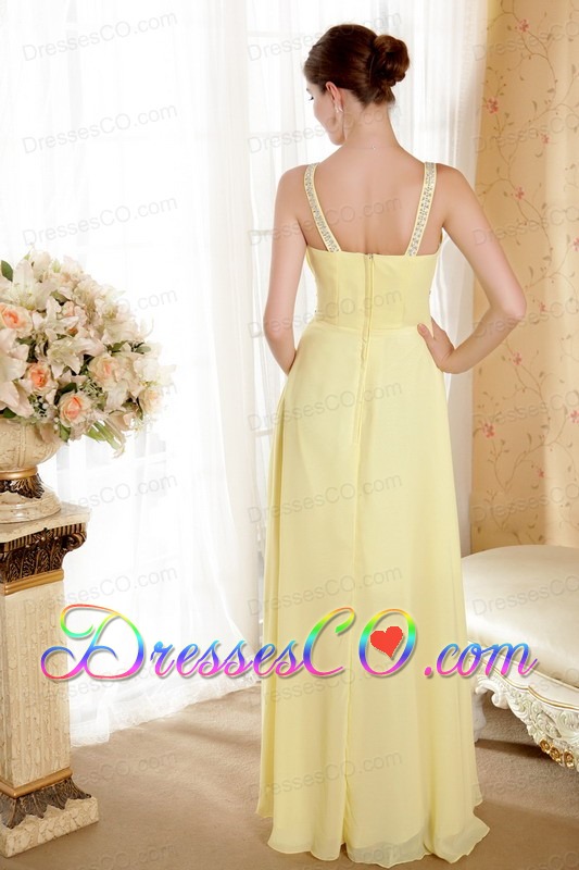 Yellow Column / Sheath V-neck Long Chiffon Beading And Ruching Prom / Evening Dress