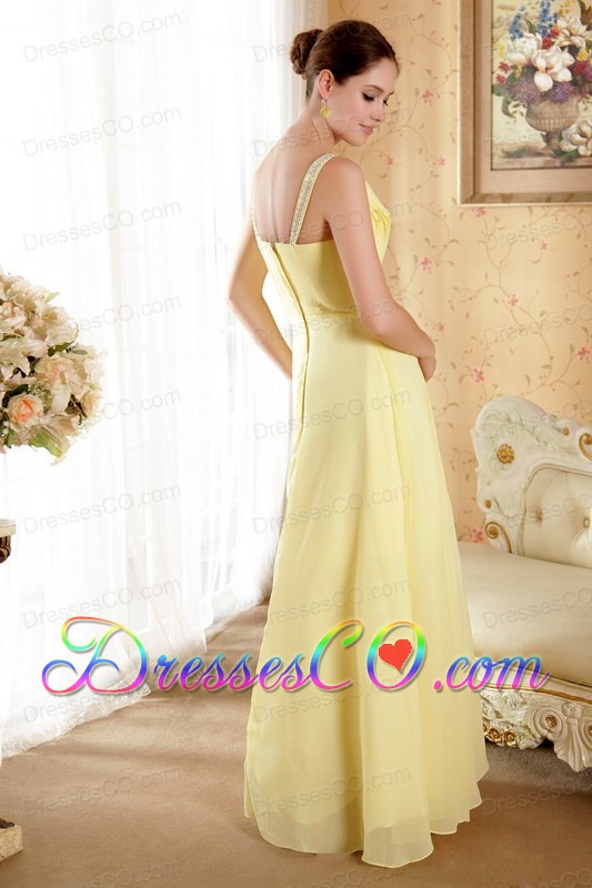 Yellow Column / Sheath V-neck Long Chiffon Beading And Ruching Prom / Evening Dress