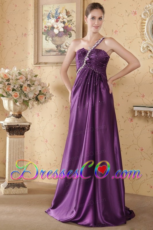 Eggplant Purple Empire One Shoulder Brush Train Elastic Woven Satin Beading and Ruching Prom / Graduation Dress