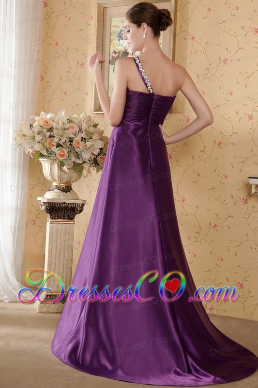 Eggplant Purple Empire One Shoulder Brush Train Elastic Woven Satin Beading and Ruching Prom / Graduation Dress