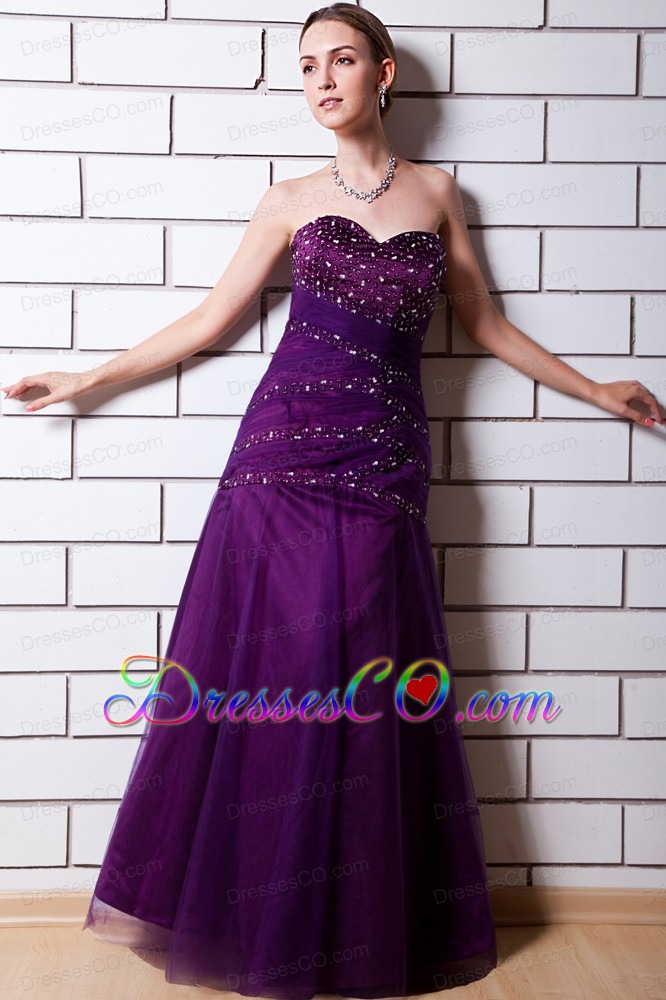 Purple A-line Beading Prom Dress Tulle And Taffeta Long