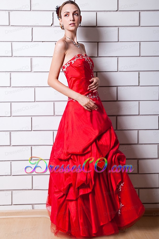 Red A-line Strapless Prom Dress Taffeta Appliques Long